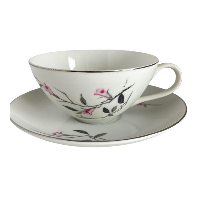 Vintage Cherry Blossom Fine China Cup & Saucer Set 1067 Made in Japan Sakura Pink Gray For Sale