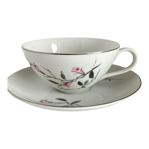 Vintage Cherry Blossom Fine China Cup & Saucer Set 1067 Made in Japan Sakura Pink Gray