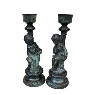 Vintage French Style Patinated Brass and Bronze Figural Cherub Putti Candlesticks - A Pair For Sale