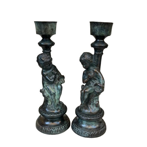 Vintage French Style Patinated Brass and Bronze Figural Cherub Putti Candlesticks - A Pair For Sale