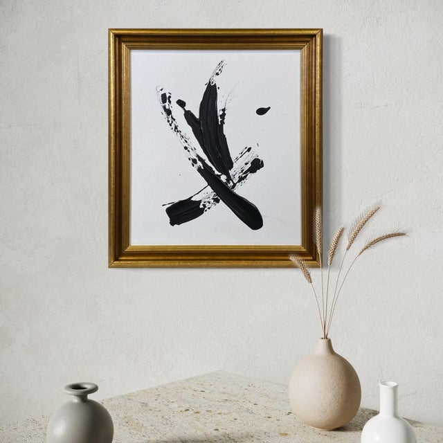 Stillness in Motion, Abstract Black & White Painting by Stephen Hansrote in Vintage Frame For Sale - Image 13 of 13
