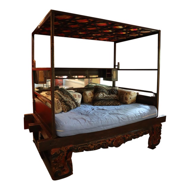 Ornate Hand Carved Chinese Canopy Wedding Bed With Mirrored Sideboard For Sale