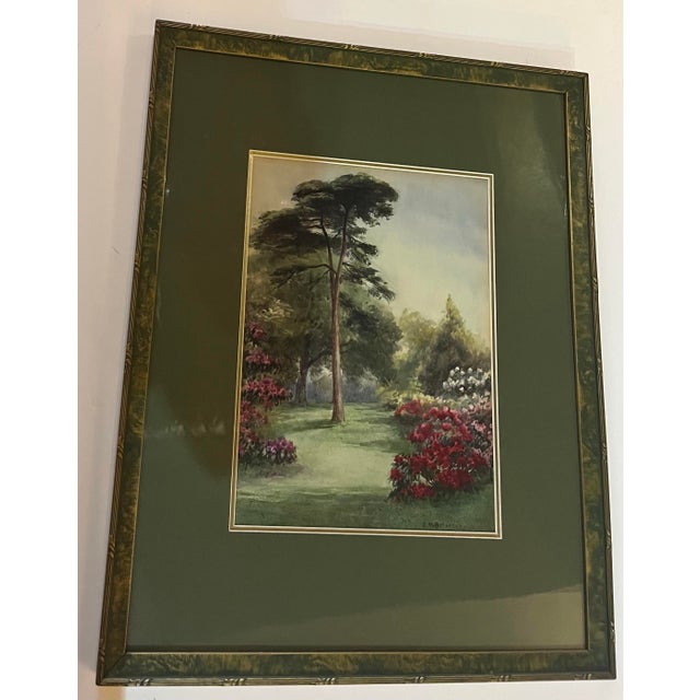Original watercolor of a garden with trees and flowers by Emily Mary Bibbens Warren 1870-1956. A great scene and vibrant...