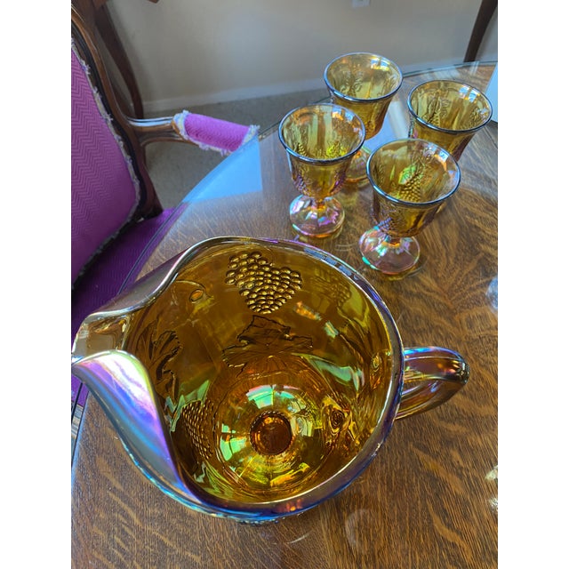 Mid-Century Modern Vintage Indiana Glass Harvest Grape Marigold Iridescent Pitcher and 8 Goblets - 9 pcs For Sale - Image 3 of 8