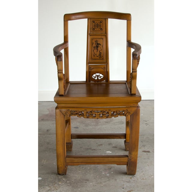 Chinese Antique Chinese Carved Elm Southern Official's Hat Armchair With Qilin Splat For Sale - Image 3 of 8