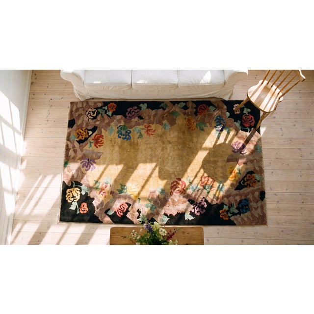 1920s Tan Camel Floral Antique Chinese Art Deco Rug 3' X 4'8'' by Nichols Workshop Wool Knotted Carpet For Sale - Image 9 of 11