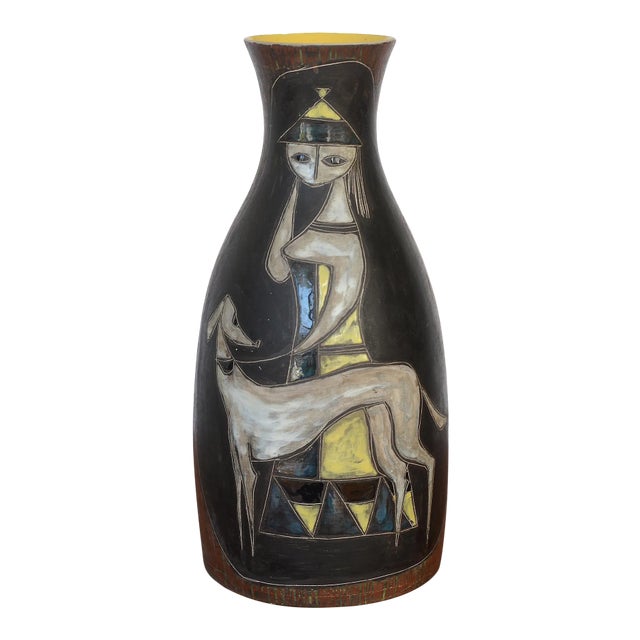 Mid Century Modern Marcello Fantoni for Raymor Lady With Dog Ceramic Vase For Sale
