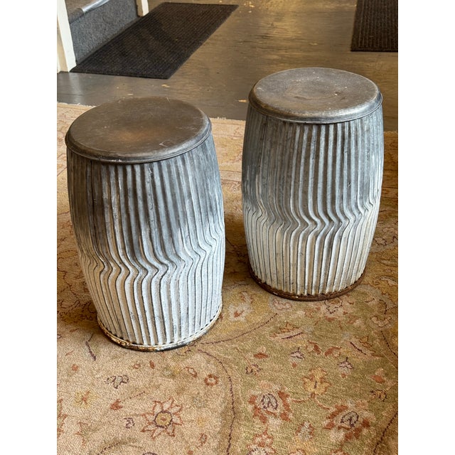 Rustic Late 20th Century Vintage Metal Garden Stools, A Pair For Sale - Image 3 of 7