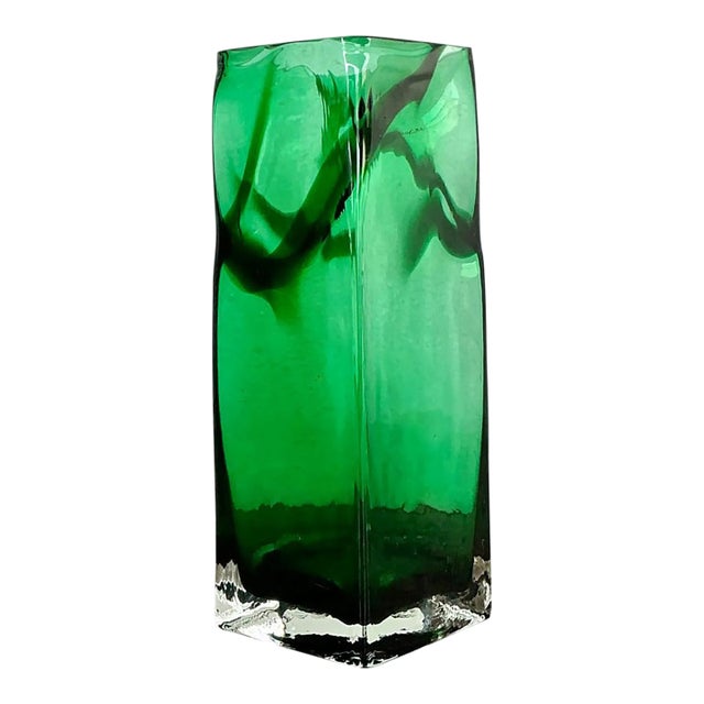 Vintage Polish Emerald Glass Tall Vase For Sale