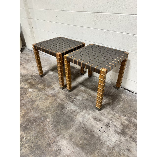 Theodore Alexander Theodore Alexander Leather Strap Wood End Tables - A Pair For Sale - Image 4 of 12
