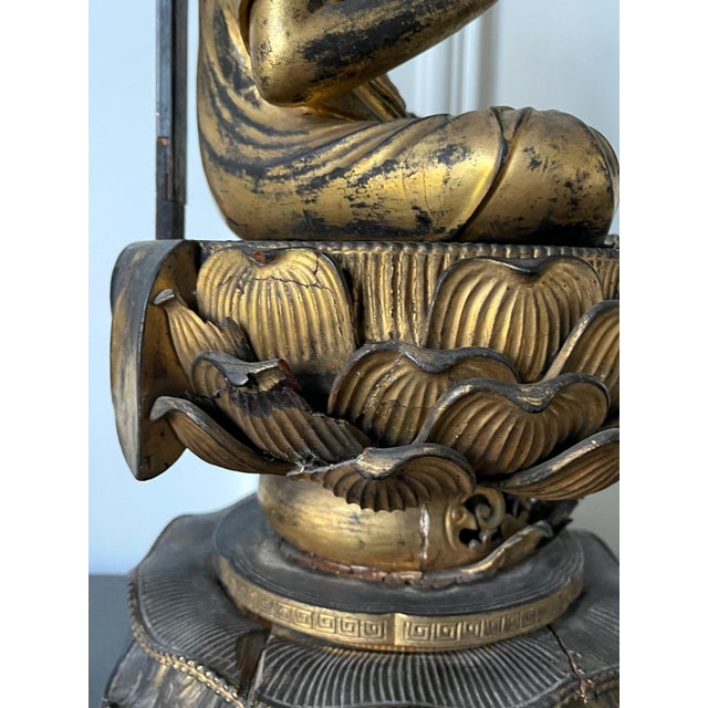 Japanese Antique Gilt Wood Amitabha Buddha on Loctus Throne Statue For Sale - Image 14 of 17