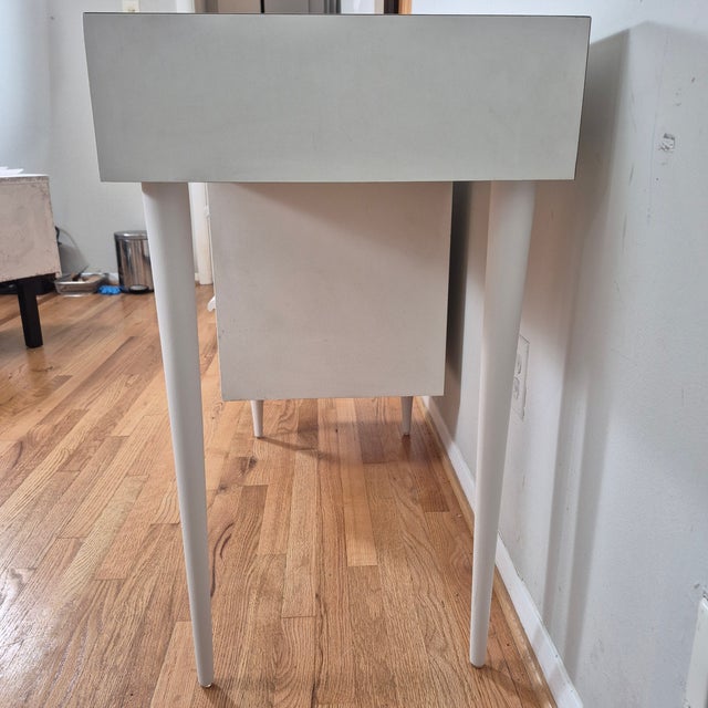 Wood 1970s Mid-Century Modern Two-Tone White & Faux Wood Laminate Writing Desk For Sale - Image 7 of 10