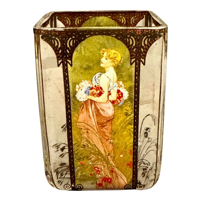 Goebel Artis Orbis Glass Tea Light Candle Jar Featuring the "Summer 1900" by the Renowned Art Nouveau Artist Alphonse Mucha. For Sale