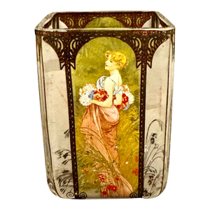 Goebel Artis Orbis Glass Tea Light Candle Jar Featuring the "Summer 1900" by the Renowned Art Nouveau Artist Alphonse Mucha.