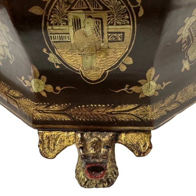 Antique Louis XV Chinese Gilt Lacquerware Tea Caddy Box W/Carved Dragon Feet For Sale - Image 4 of 12