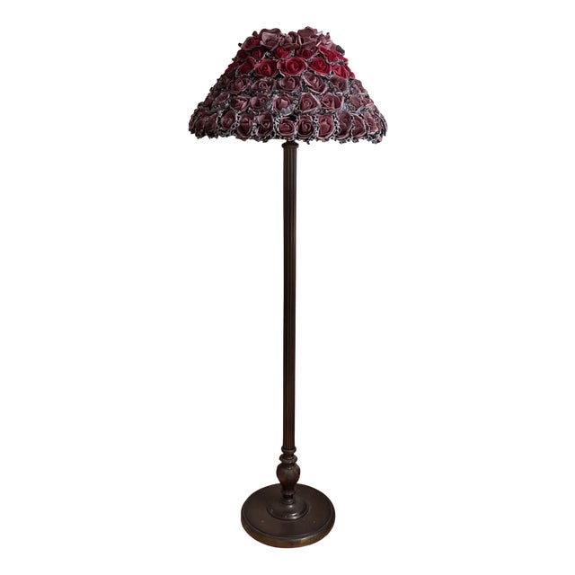German Art Deco Floor Lamp with Patinated Brass Base and Handmade Flower Shade, 1930s For Sale