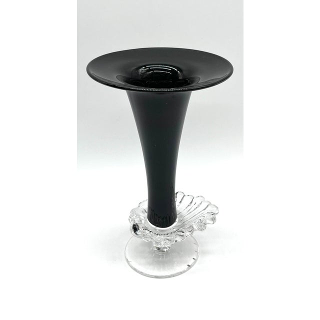 Mid-Century Modern Vintage Glossy Black Glass Vase with Ornamentally Relief-Patterned Base, 1920s For Sale - Image 3 of 13