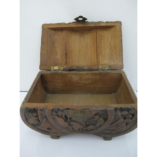 Chinese Carved Camphor Wood Landscape & Figural Cylindrical Lidded Trinket Box For Sale - Image 12 of 13