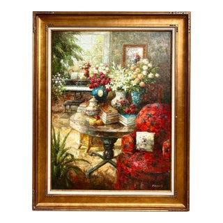 Late 20th C. Large Original Impressionist Interior Still-Life Oil Painting Signed Robbins For Sale