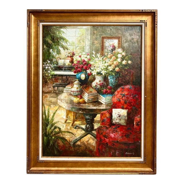 Late 20th C. Large Original Impressionist Interior Still-Life Oil Painting Signed Robbins For Sale