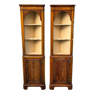 Pair of Georgian Revival Diminutive Mahogany Corner Cabinets, Arched Top Display Shelves, Paneled Base Cupboards, Early 20th Century For Sale