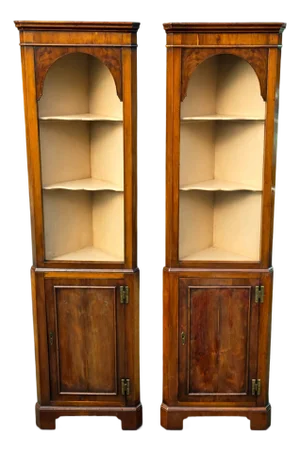Pair of Georgian Revival Diminutive Mahogany Corner Cabinets, Arched Top Display Shelves, Paneled Base Cupboards, Early 20th Century