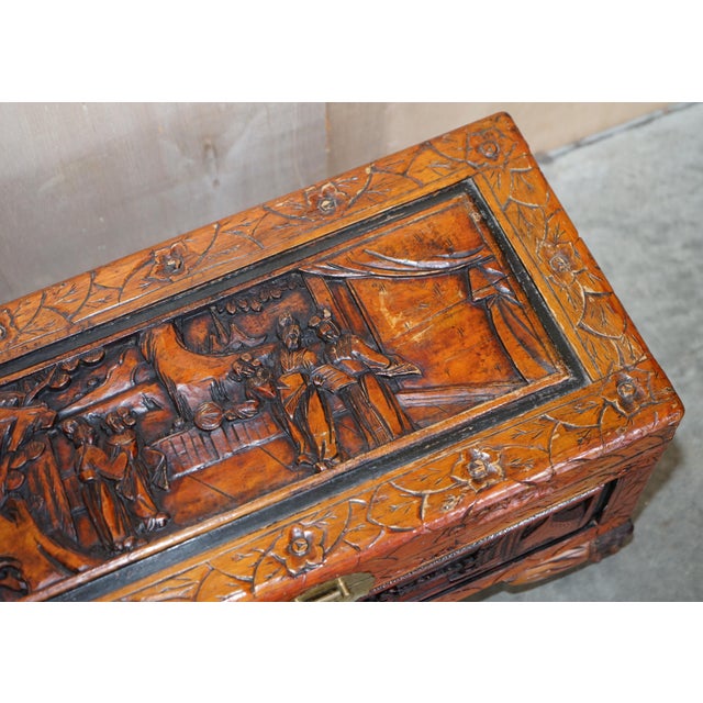 Antique Chinese Hand Carved Camphor Wood Travelling Trunk, 1900s For Sale - Image 6 of 17