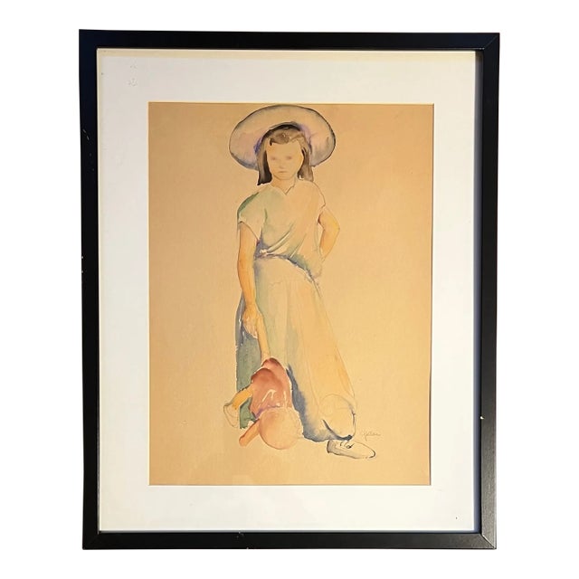 American 1920's Art Deco Watercolor Painting Portrait of a Girl Signed Geller For Sale