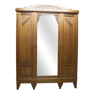 Flemish Art Deco Carved Oak Wardrobe, 1930 For Sale