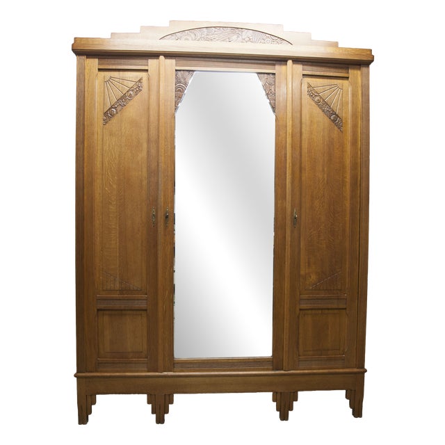 Flemish Art Deco Carved Oak Wardrobe, 1930 For Sale