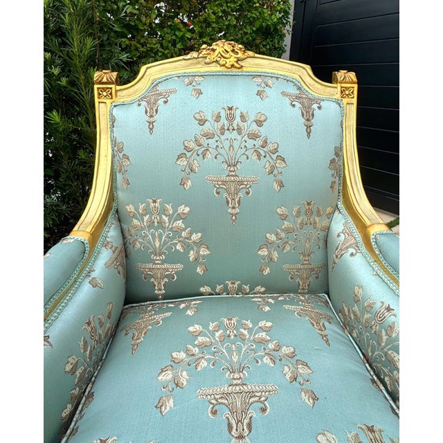 Green French Louis XV Style Blue-Green Bergere Wing Chair Set of 2 With Gold Leaf Details For Sale - Image 8 of 10