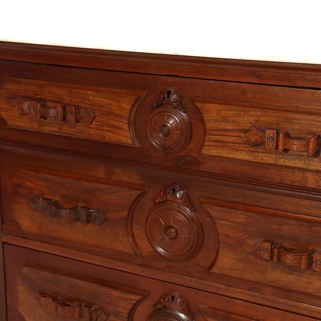 Antique Walnut 3-Drawer Marble Top Chest With Carved Medallions & Pulls C1890 For Sale - Image 10 of 18