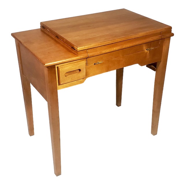 Vintage Original Mid-Century Modern All Wood Maple Finish Sewing Machine Cabinet With Flip-Down Top & Pull Out Drawer For Sale