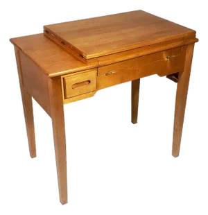 Vintage Original Mid-Century Modern All Wood Maple Finish Sewing Machine Cabinet With Flip-Down Top & Pull Out Drawer