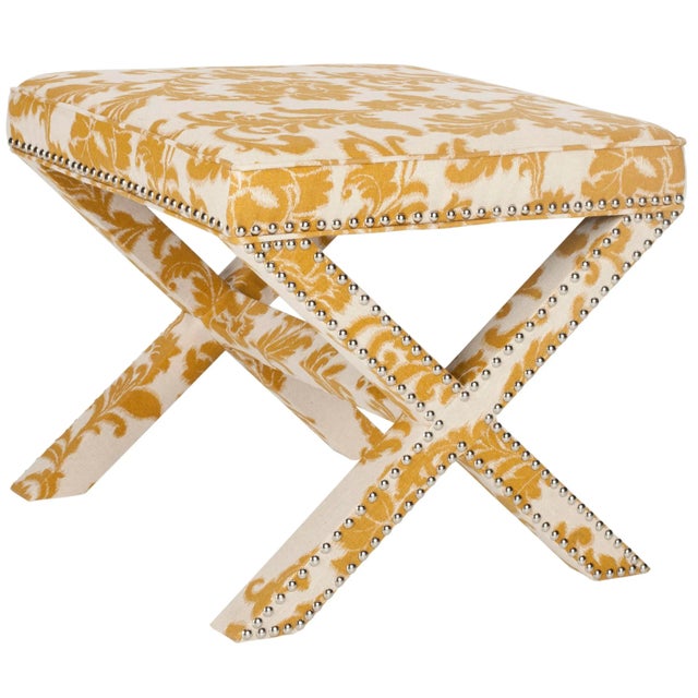 Modern Studded Ottoman, Maize & Beige For Sale - Image 3 of 5