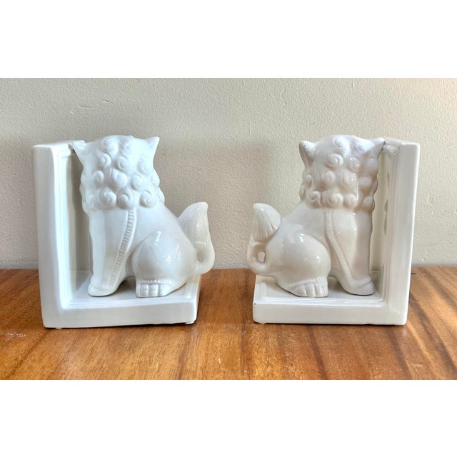 CLassic Blanc de Chine white glossy finish ceramic foo dog design bookends Each: 5 d x4 w x 6”h Excellent condition, no...