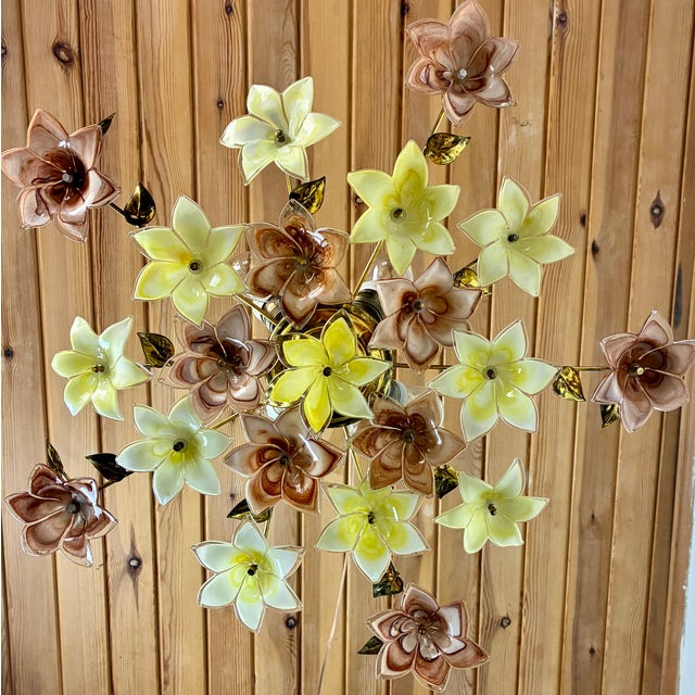 Italian 1980s Italian Floral Glass Flush Mount With 21 Yellow & Brown Murano Style Flowers For Sale - Image 3 of 18