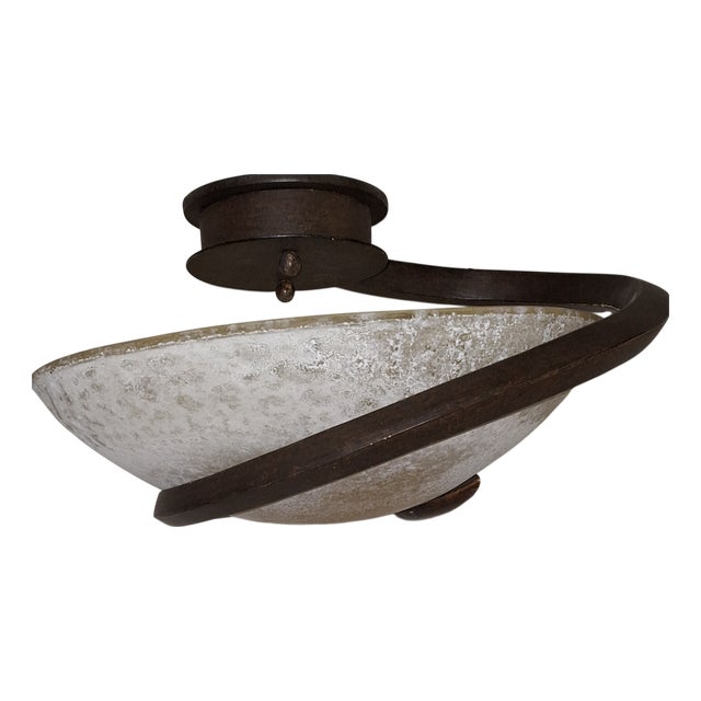 Vintage Italian Ceiling Lamp with Curved Metal Frame and Frosted Glass Shade from Lamp International, 1980s For Sale