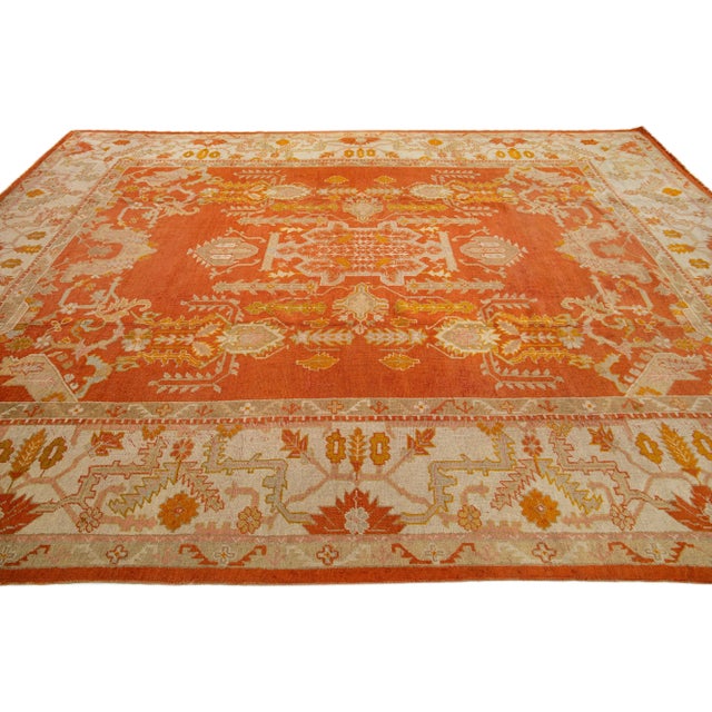 Late 19th Century Late 19th Century Orange Antique Turkish Oushak Wool Rug Handmade With Medallion Design For Sale - Image 5 of 7