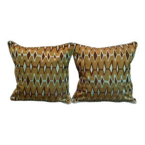 Geometric Design Pair of Satin Tapestry Square Pillows With Velvet Backing
