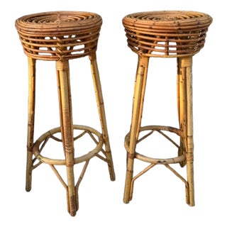 French Ratan Barstools, Pair For Sale