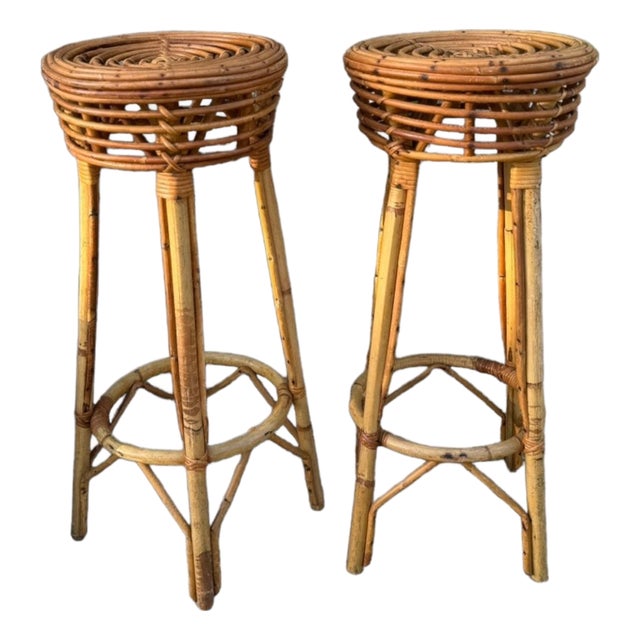 French Ratan Barstools, Pair For Sale