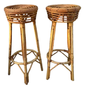 French Ratan Barstools, Pair