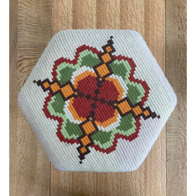 Wood Vintage Mid-Century Oak Footstool With Geometric Needlepoint Tapestry For Sale - Image 7 of 8