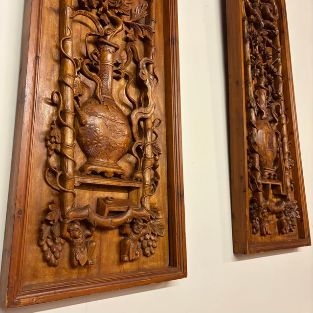 Chinese Pair of Large Antique Chinese Hand-Carved Wall Panels For Sale - Image 3 of 18