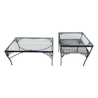 Vintage Woodard Orleans Wrought Iron Glass Top Coffee Table and End Table, a Set of 2 For Sale