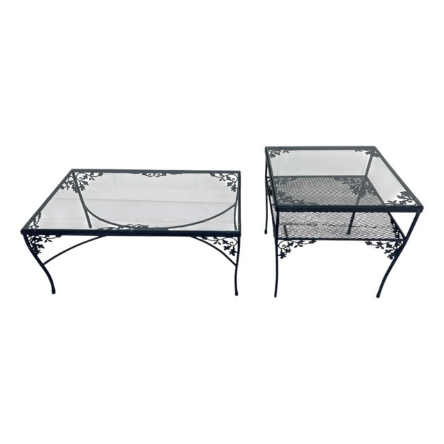 Vintage Woodard Orleans Wrought Iron Glass Top Coffee Table and End Table, a Set of 2 For Sale
