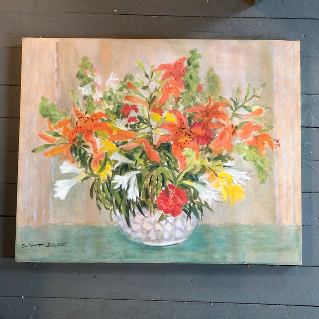 Textile Original 1960’s Impressionist Still Life Painting With Lilly’s Signed For Sale - Image 7 of 7