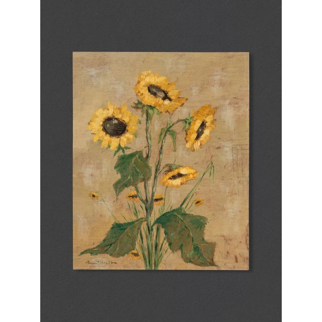 Poppy and Sunflowers, 1960s, Oil Paintings on Plate, Framed, Set of 2 For Sale - Image 6 of 11