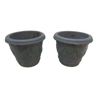 Vintage Ornate Concrete Blue Garden Planters With Garlands of Flowers - Set of 2 For Sale